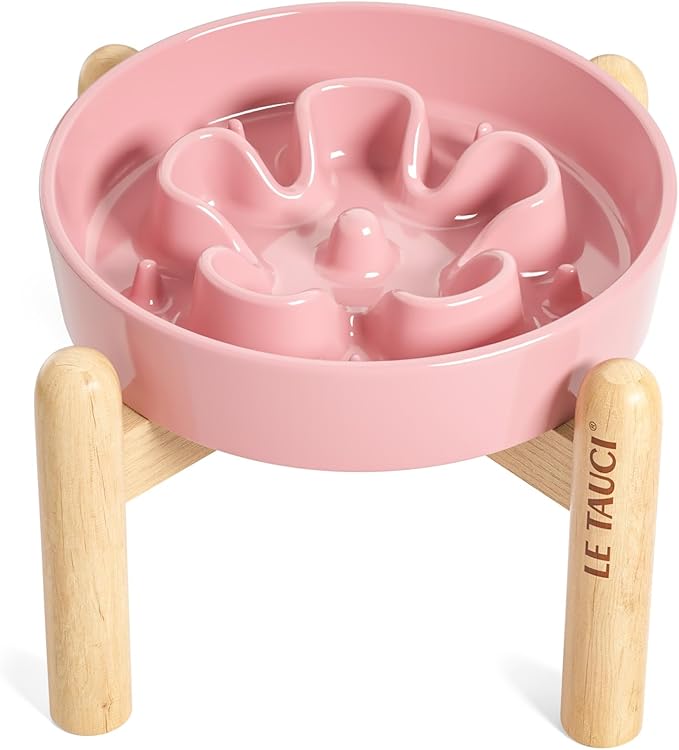 LE TAUCI Ceramic Slow Feed Dog Bowls, Elevated for Small Breeds, Anti-Gulping, Non-Slip, 6 inch, Pink
