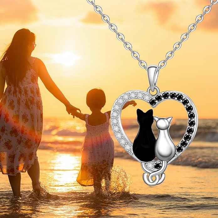 Fenthring Cat Necklace for Women Black Cat Necklaces Sterling Silver Animal Cats Pendant Gifts for Mother Daughter Holiday Jewelry
