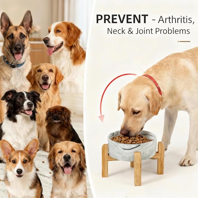 Elevated/Raised Ceramic Dog Bowl with Bamboo Stand,Marble Pattern 7 Inch 7.6 Cups Non Slip Heavy Weighted Single Pet Dish,Reduces Neck Strain Marble Gray