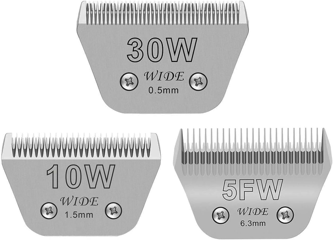 3PCS Wide Blades for Dog Grooming Blades Compatible with Andis,Oster A5,Wahl km10 Dog Clippers Stainless Steel Blades Blades for Animal Dog,Cat,Horse,Silver Size #10W+30W+5FW