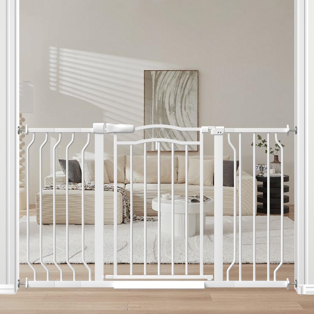 Extra Wide Baby Gate for Doorways 29.9"-53.1", Pressure Mounted Dog Gates With Door, Child Safety Barrier Walk Thru Indoor, Large Babygate Long for Kids Toddler Pet Outside, 30 In Tall White