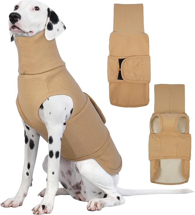 ROZKITCH Calming Shirt for Dogs, Anxiety Vest Shirt for Giant Dog for Lightning, Fireworks Travel, 4th of July Holiday Christmas Thanksgiving Vet Visits Khaki 4XL