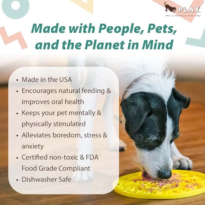 P.L.A.Y. Enrichment Feeding Lick Mat for Dogs & Cats - ZoomieRex EverLick, Great for Puppies & Small, Medium, Large Dog - Alleviate Boredom, Slow Feeder for Meal or Treats, Dishwasher Safe (Yellow)