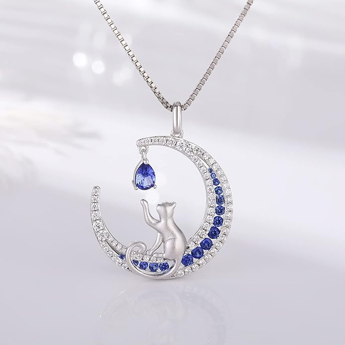jiamiaoi 18K White Gold Plated Cat Necklace 925 Sterling Silver Diamond Cat Necklace Silver Cat On Moon Necklace for Women Gift for Birthday/Christmas, Come with Gift Box