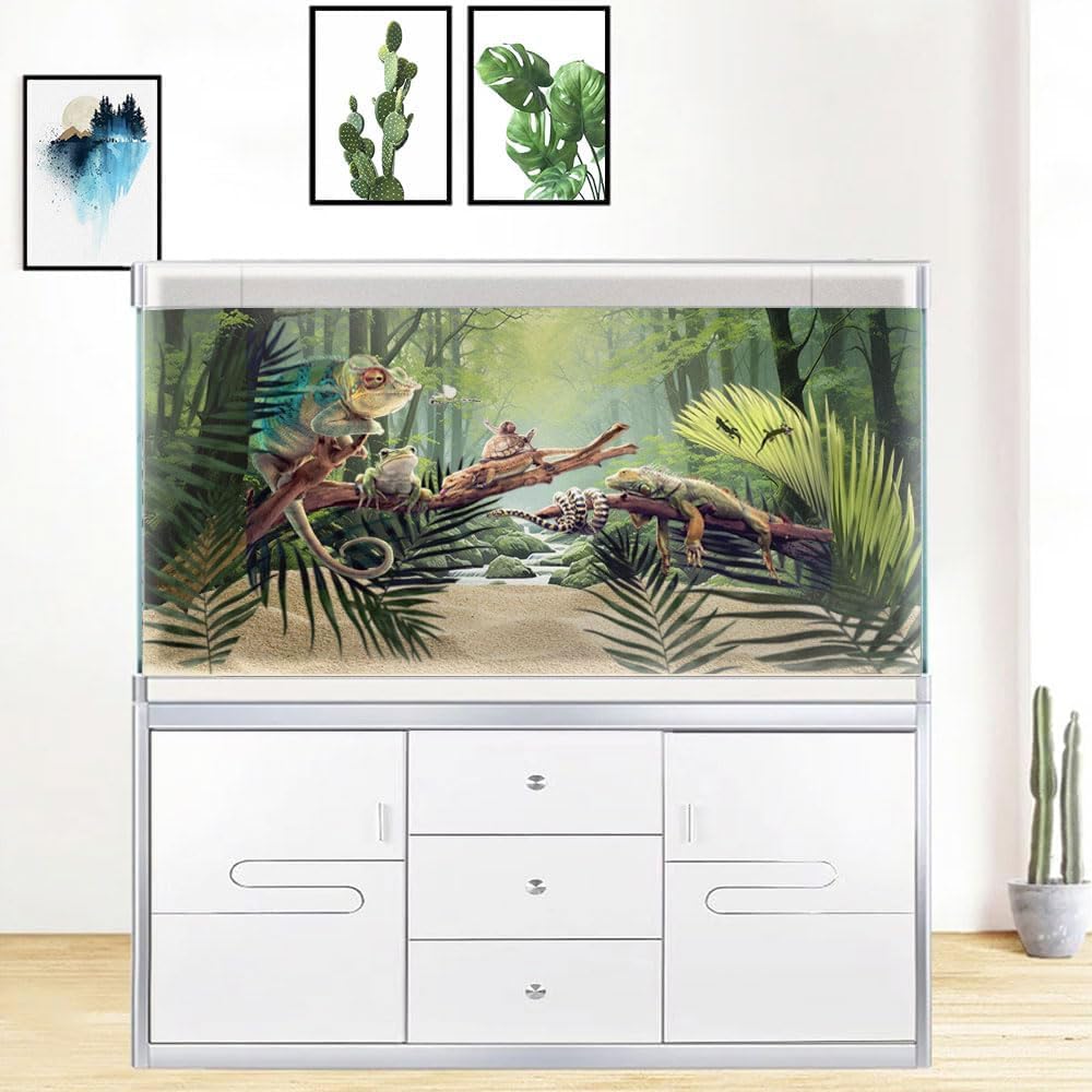 48X24IN Tropical Forest Terrarium Background, Natural Green Forest Tree Reptile Habitat Background, Misty Rainforest Aquarium Background, with 8 EVA Double-Sided Tape
