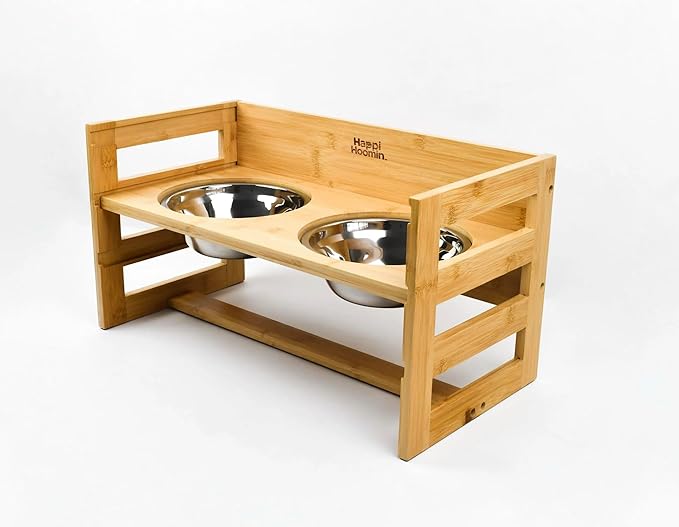 Adjustable Elevated Pet Bowls – 3 Height Raised Bamboo Stand with 2 Thick 24oz Stainless Steel Bowls, Non-Slip Feeder for Cats & Small-Medium Dogs