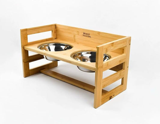 Adjustable Elevated Pet Bowls – 3 Height Raised Bamboo Stand with 2 Thick 24oz Stainless Steel Bowls, Non-Slip Feeder for Cats & Small-Medium Dogs