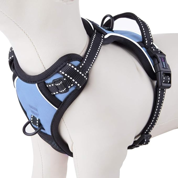 PHOEPET No Pull Dog Harness Reflective Adjustable with 2 Metal Leash Hooks and Soft Training Handle [Over The Head Design](M, Baby Blue)