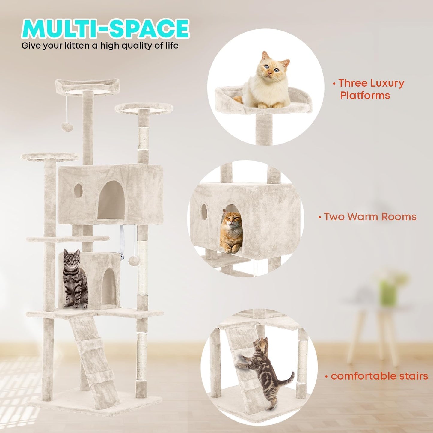 FDW Cat Tree 70in Cat Tower Multi-Level Durable Cat Scratching Post & Cozy Fun Cat Jumping Platform Space Saving Cat Condo Pet Play House for Indoor Cats,Beige