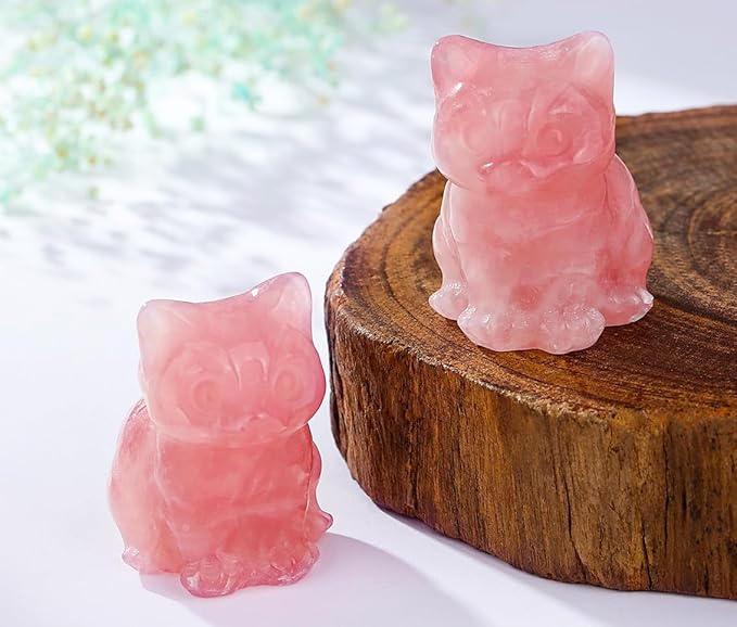DUQGUHO Rose Quartz Cat Crystal Figurines - Lucky Cute Cat Statue for Room Desk Pink Decor Gifts 1PC