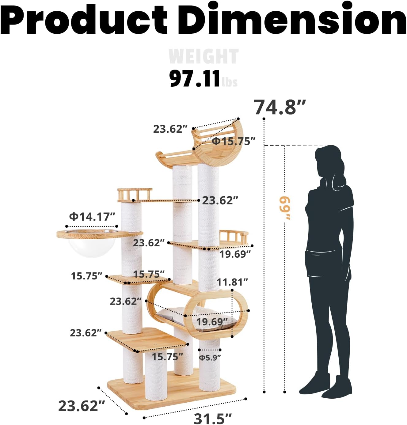 74.8" Modern Cat Tree for Indoor Cats, Tall Wood Cat Tower with Scratching Post, Heavy Duty Luxury Condo with Removable Mats, Multi-Level Cat Furniture for Cats