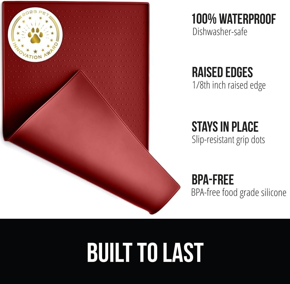 GORILLA GRIP 100% Waterproof Raised Edge BPA Free Silicone Pet Feeding Mat, Dog Cat Food Mats Contain Spills Protects Floors, Placemats for Cats and Dogs Water Bowl, Pets Accessories 23x15 Red