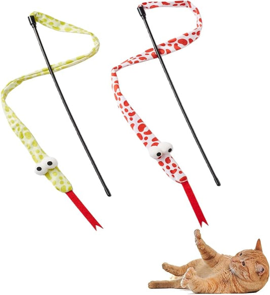 NOWFRESH Cat Wand Toy Set, 2 PCS Interactive Cat Teaser Wands with Cute Red Snake & Green Snake Designs, Equipped with Bells and Streamers to Captivate Your Cat’s Attention