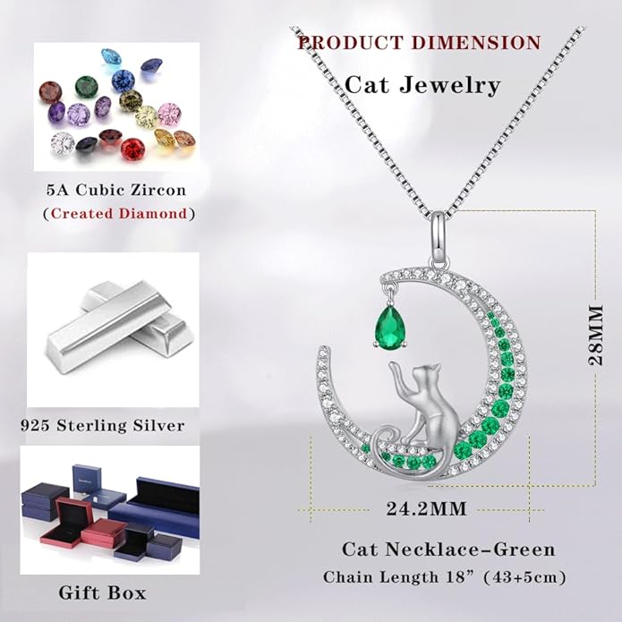 jiamiaoi 18K White Gold Plated Cat Necklace 925 Sterling Silver Diamond Cat Necklace Silver Cat On Moon Necklace for Women Gift for Birthday/Christmas, Come with Gift Box