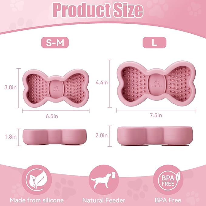 Lick Mat for Dogs, Animire Anti-Spilled Bow Tie Lick Bowls for Anxiety Relief, Silicone Slow Feeder Licking Pad with Suction Cups, Freezeable Dog Enrichment Toy for Boredom and Distraction(Pink,L)
