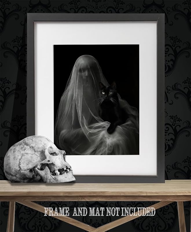 Ghost with a Black Cat Halloween Poster - Dark Academia Gothic Home Decor, Eerie Mystery Figure Art Print for Halloween Enthusiasts and Unique Wall Art Collectors (Stretched Canvas, 28" x 36")