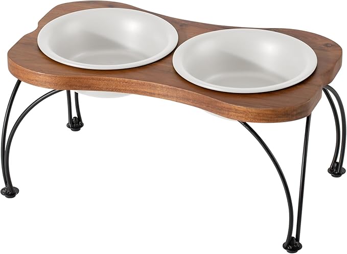 Ceramic 7.1-inch Raised Double-Bowl Set with Non-Slip Stand, 2.5 Cup Food or 24 oz Water Dishes for Medium and Dogs, Wide Opening with Rounded Edges(Matt White)