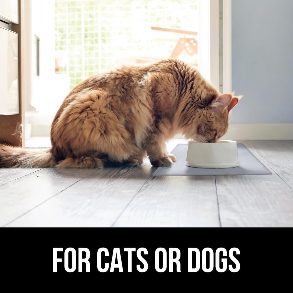 GORILLA GRIP 100% Waterproof Raised Edge BPA Free Silicone Pet Feeding Mat, Dog Cat Food Mats Contain Spills Protects Floors, Placemats for Cats, Dogs Water Bowl, Pets Accessories 32x24 Light Gray