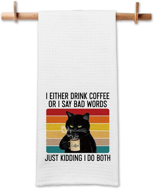 Funny Kitchen Towels for Women, I Either Drink Coffee or I Say Bad Words Dishcloths, Coffee Lovers Gifts, Black Cat Hand Towels with Sarcastic Saying, Kitchen Decor Gifts for Hostess Chef