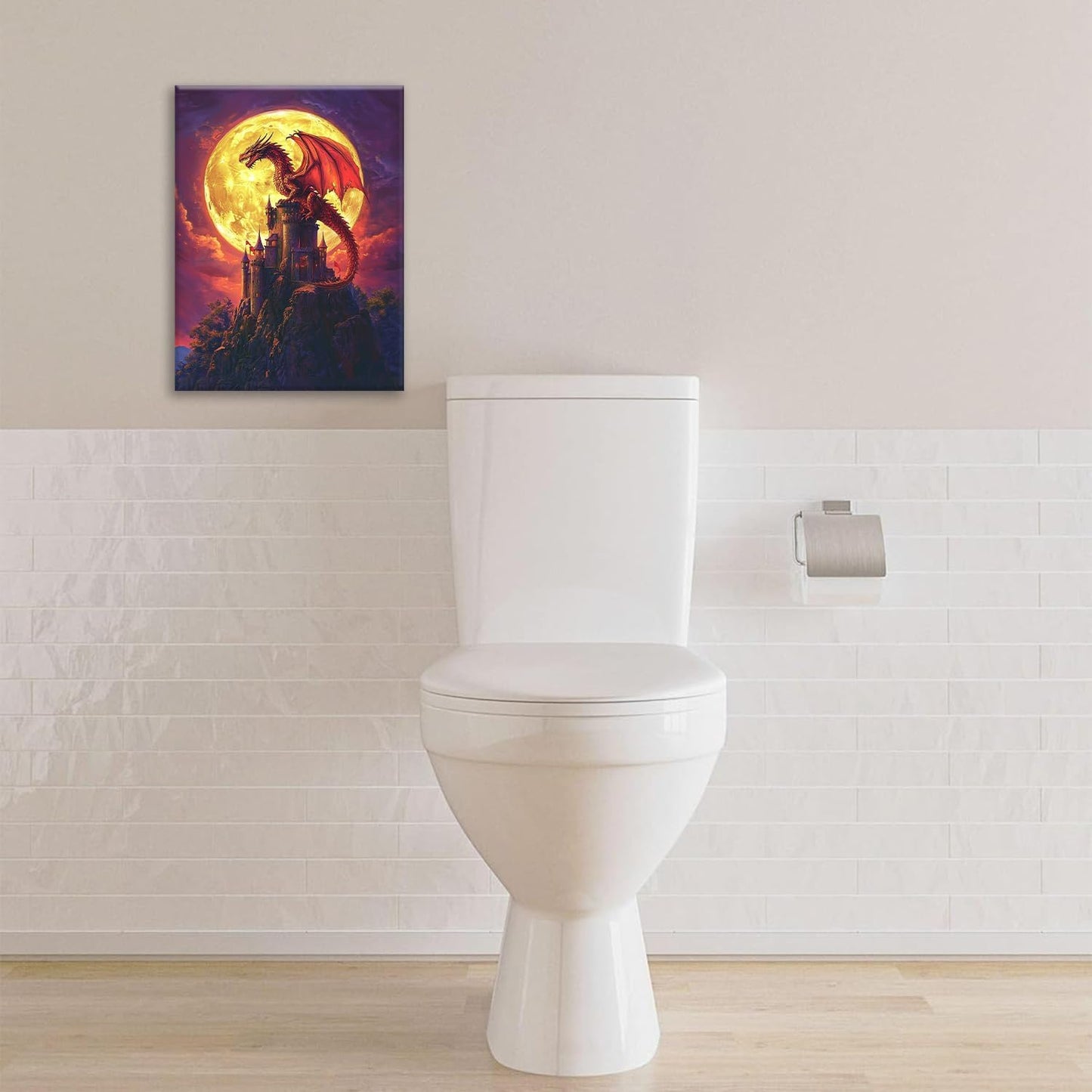 Dragon Bathroom Pictures Wall Art, Red Dragon Castle Bathroom Wall Decor, Framed Painting Canvas Artwork for Bedroom Living Room Decorations 16"L x 12"W