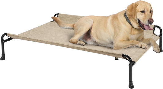 Veehoo Cooling Elevated Dog Bed - Raised for Large Dogs, Outdoor With Guardrail, Upgraded Non-Slip Feet, Breathable Teslin Mesh, Portable Camping Cot, 41 x 27 Inches, Beige Coffee