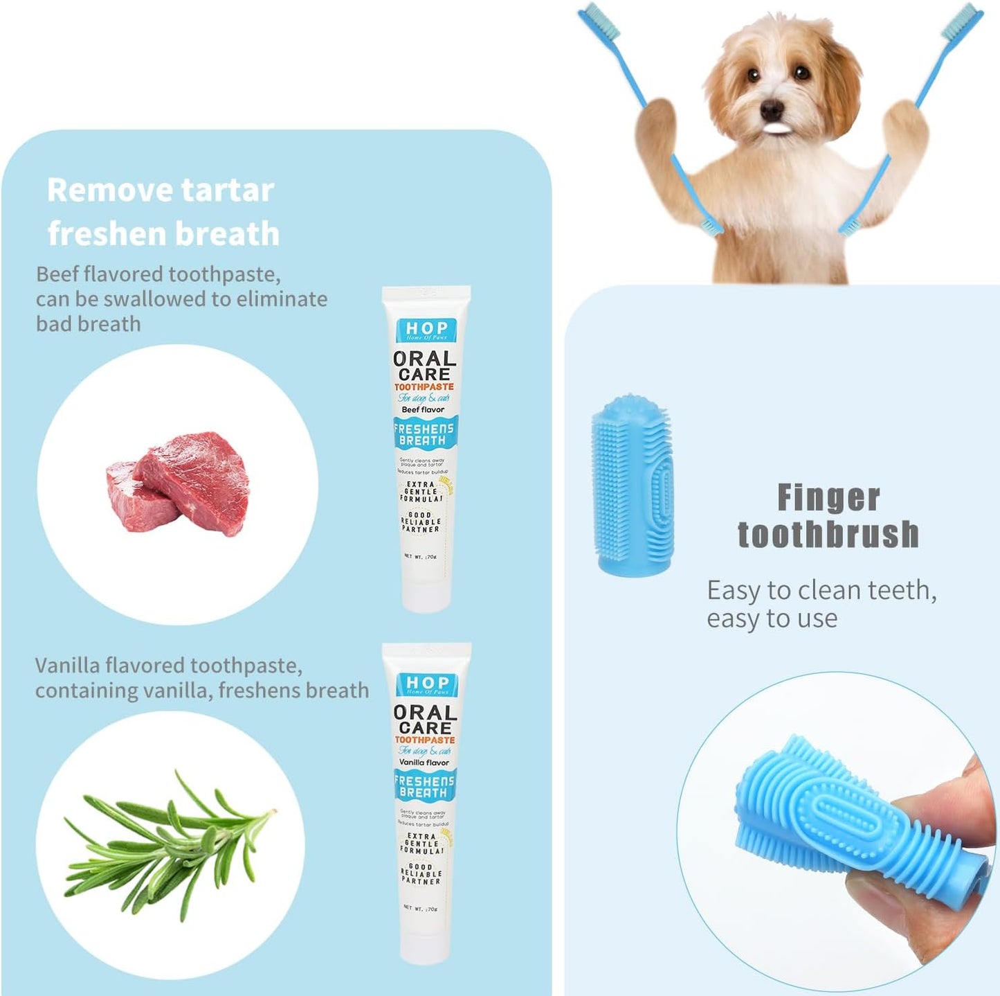 HOP Pet Toothbrush Kit 10PCS Cats Dogs Dental Care Soft Bristles Finger Toothbrush Set Toothpaste Fresh Breath Dog Oral Care Kit Suitable for All Pets Home of Paws