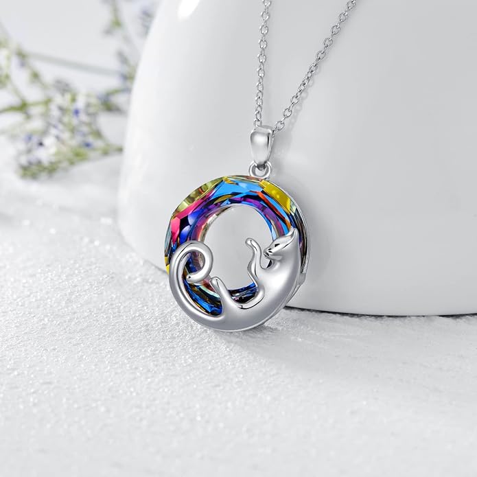 AOBOCO Valentine Cat Necklace for Women 925 Sterling Silver Cat Pendant Necklace Embellished with Crystals from Austria Jewelry Gifts for Cat Lovers