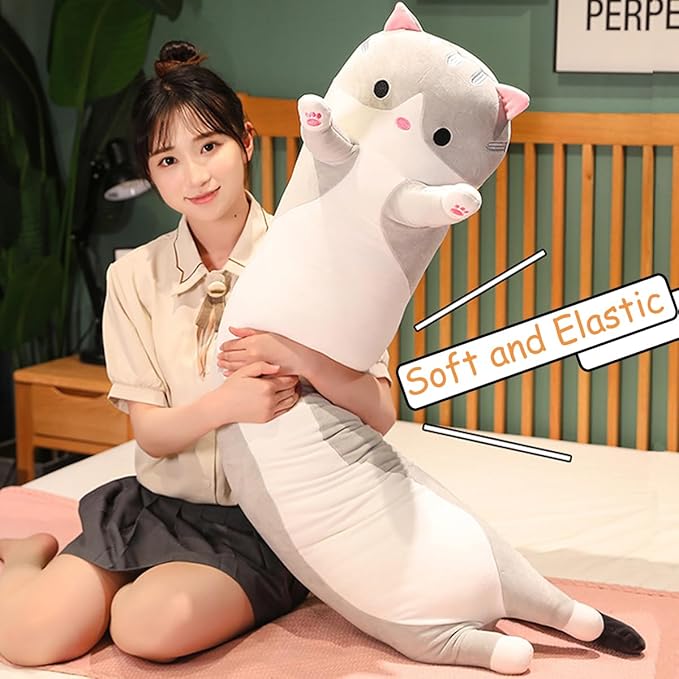 Grey Cat Long Plush Pillow Kitty Stuffed Animals Soft Sleeping Throw Pillow Doll Toy (Grey,35inches)