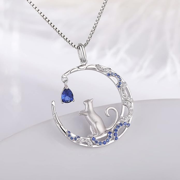 jiamiaoi 18K White Gold Plated Cat Necklace 925 Sterling Silver Diamond Cat Necklace Silver Cat On Moon Necklace for Women Gift for Birthday/Christmas, Come with Gift Box
