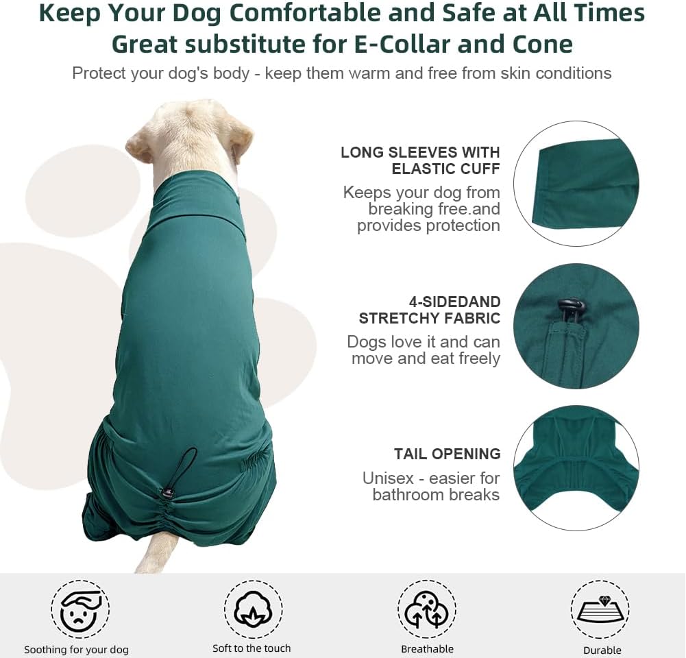 Dog Pyjamas PJS Sweater Clothes and Home Clothing Suitable for Small to Medium Breeds of Dogs, Dog Neutering Suits, Extra-Large Stretch Fabric, Four-Legged Clothes(Thin Dark Green, L)