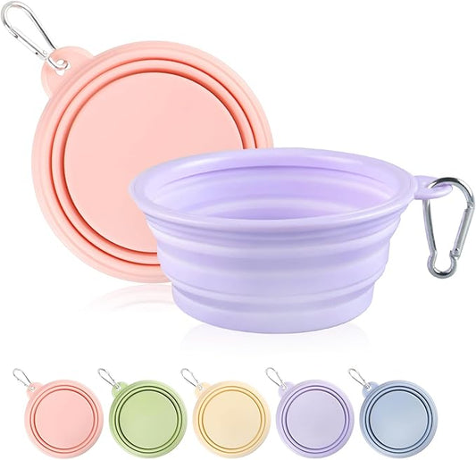 Collapsible Dog Bowls 2-Pack, Portable Travel Dog Bowl with Carabiner, Food-Grade Silicone Pet Bowl for Hiking, Walking (Macaron Pink and Violet)