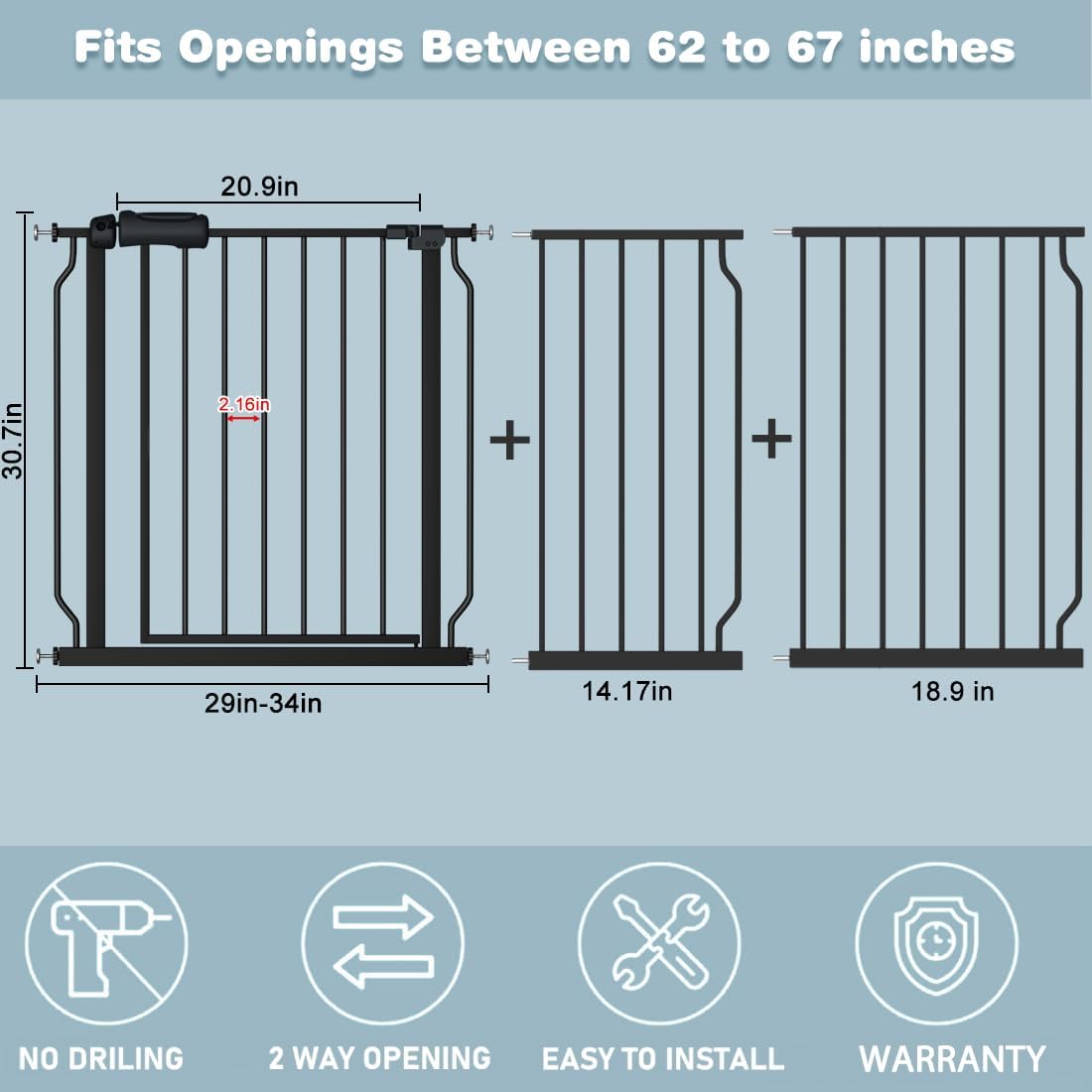 Extra Wide Baby Gate Black 62-67 Inch Wide Pressure Mounted Auto Close Child Safety Gate Long Dog Gate for House Doorways