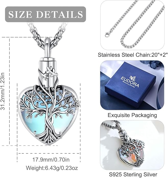 EUDORA Sterling Silver Urn Necklace for Ashes for Women Men, Ash Pendant for Human Cat Dog Ashes, Necklace for Ashes of Loved One Dad Mom Papa Pet Cremation Souvenir Jewelry for Funeral, 20inch