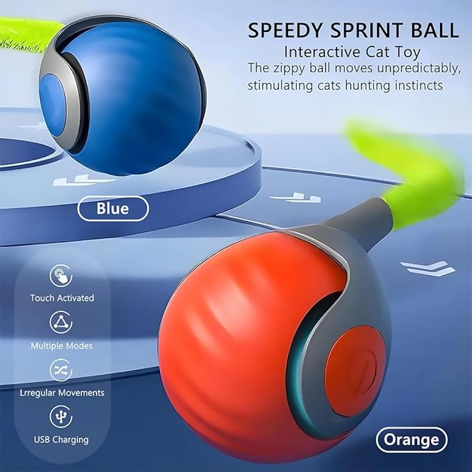 Automatic Cat Ball Toy with 2 Feather Tails - Rechargeable Interactive Cat Toys, 2-Speed Motion Activated Roller for Indoor Cats to Relieve Boredom (Small/Medium/Large Cats) (Orange)