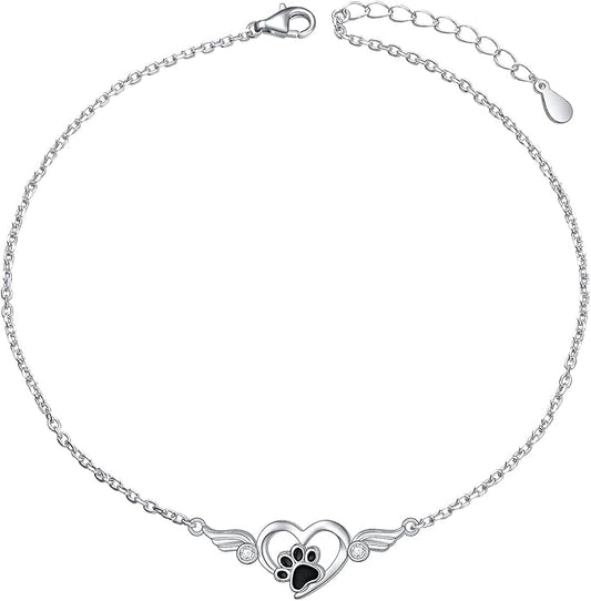 FLYOW 925 Sterling Silver Cute Paw Print Forever Love Heart Pendant Necklace/Bracelet/Stud Earrings Gift for Women, Box Chain 18"