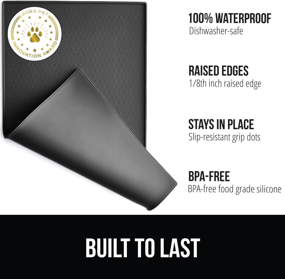GORILLA GRIP 100% Waterproof Raised Edge BPA Free Silicone Pet Feeding Mat, Dog Cat Food Mats Contain Spills Protects Floors, Placemats for Cats and Dogs Water Bowl, Pets Accessories 28x18 Charcoal