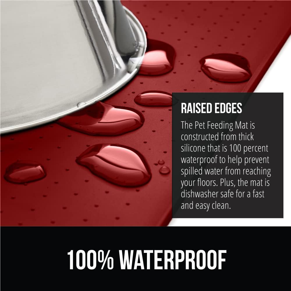 GORILLA GRIP 100% Waterproof Raised Edge BPA Free Silicone Pet Feeding Mat, Dog Cat Food Mats Contain Spills Protects Floors, Placemats for Cats and Dogs Water Bowl, Pets Accessories 23x15 Red