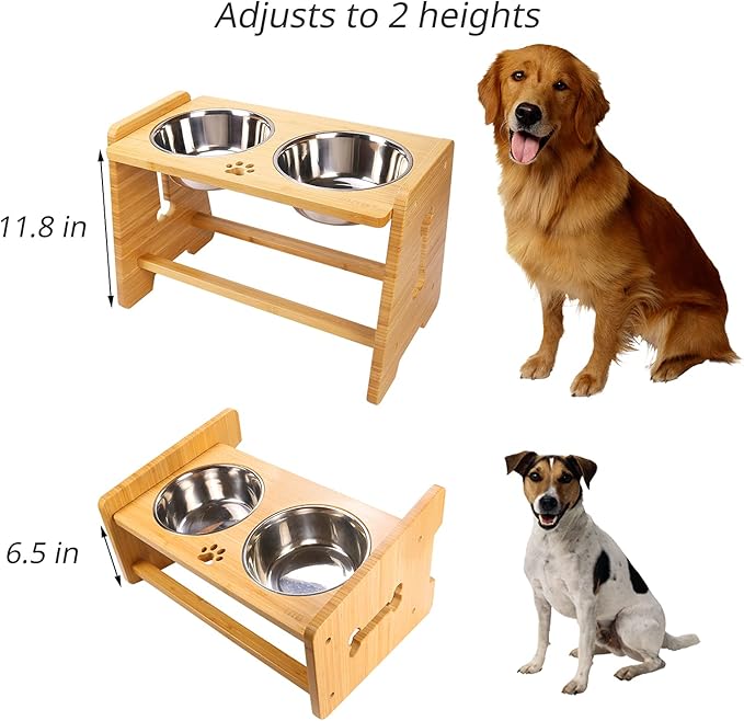 HTB Elevated Dog Bowls, Adjustable Pet Bowl Stand (Bamboo, 2 in 1-6.5'' or 11.8'')