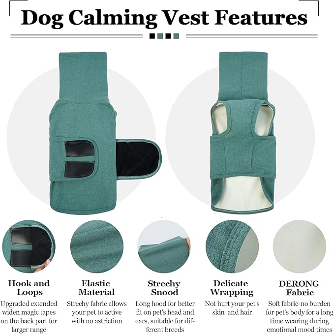 ROZKITCH Dog Anxiety Vest Calming Jacket with Hoodie Soft Ears Cover, Warm Clothes with Ear Wrap for Fireworks Travel Vet Visit Separation Anxiety Relief, Calming Shirt Wrap Green 2XL