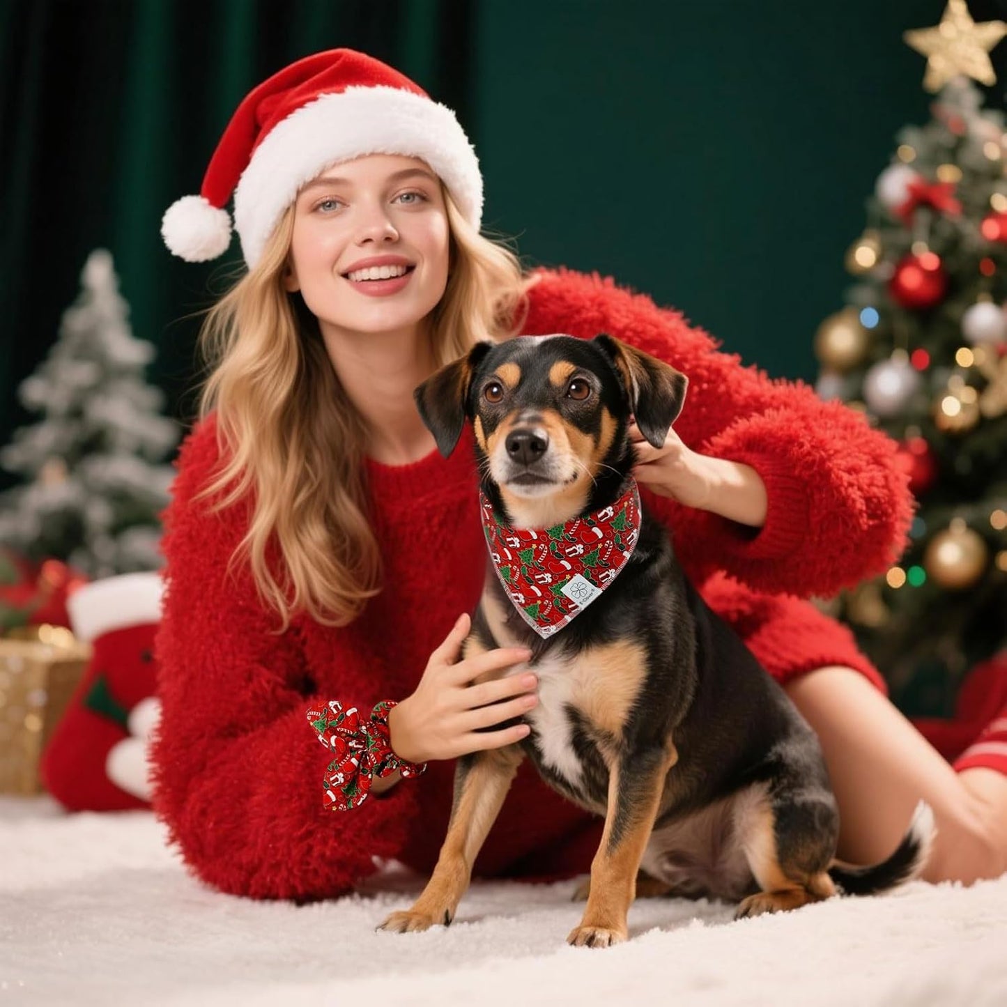 E-Clover Christmas Dog Bandanas & Matching Scrunchie Set Green Red Dog Scarf Bibs Pet Bandana with Bow Tie for Medium Large Dogs Owner Mom Winter