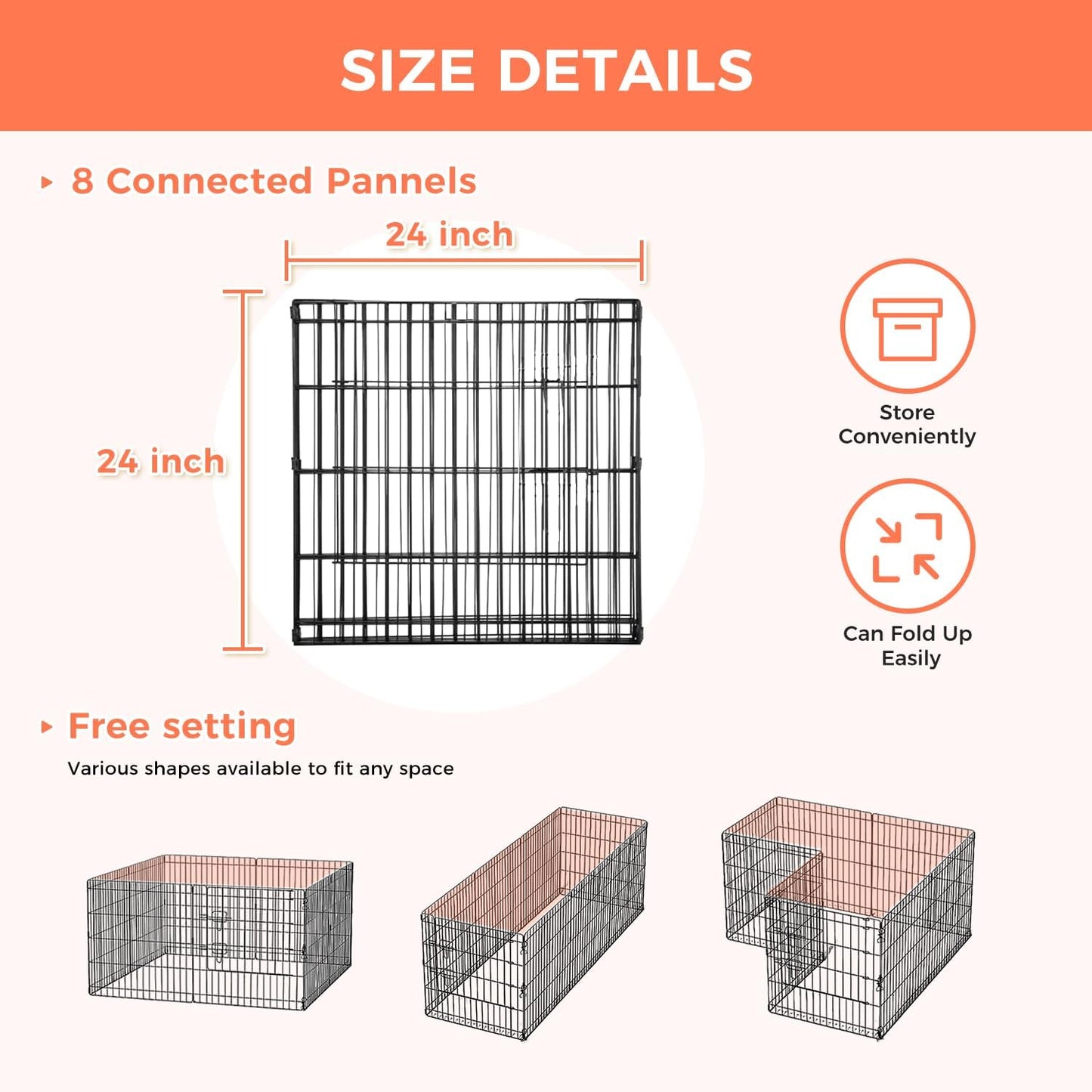 Foldable Dog Playpen 24" Height 8 Panels Metal Exercise Pen No Door - Indoor/Outdoor Puppy Playpen for Small Dogs, Portable Pet Fence for Yard Garden Camping, Black