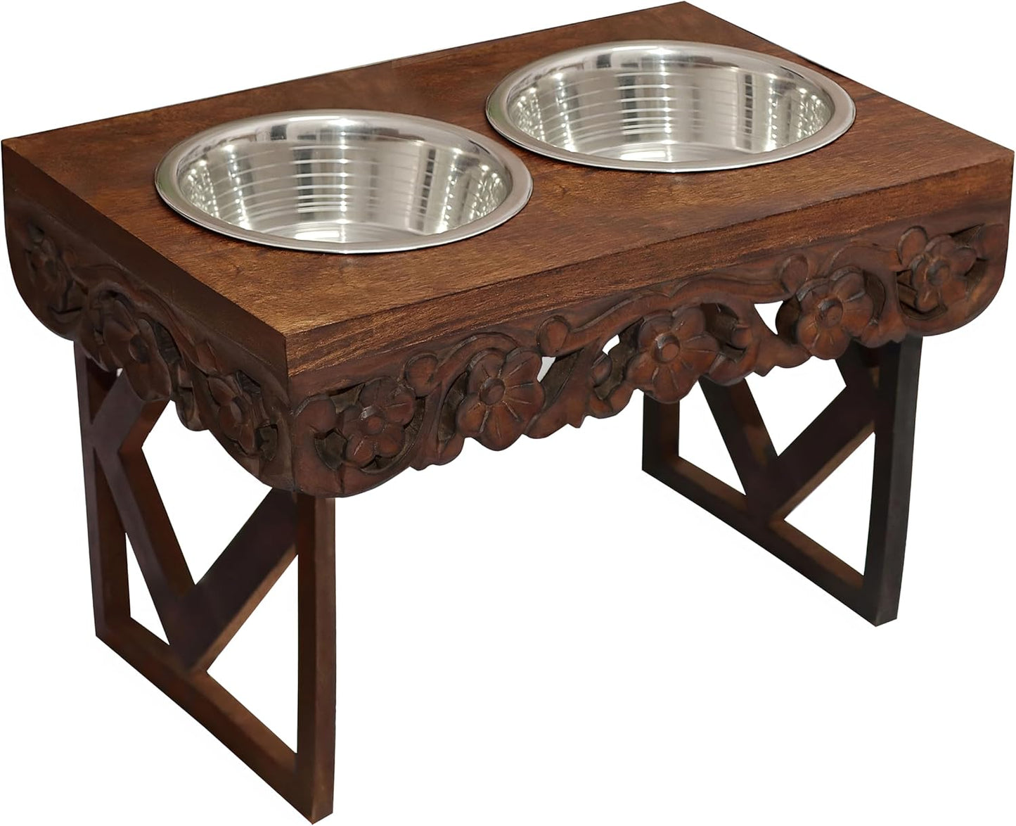 Elevated Pet Feeder for Dogs and Cats - The Bali Carved Wood Pet Feeding Stand with Two Stainless Steel Bowls - Three Heights Adjustable Raised Dog Bowl - Food Water Pet Feeding Station - IRONGATE