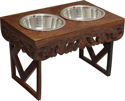 Elevated Pet Feeder for Dogs and Cats - The Bali Carved Wood Pet Feeding Stand with Two Stainless Steel Bowls - Three Heights Adjustable Raised Dog Bowl - Food Water Pet Feeding Station - IRONGATE