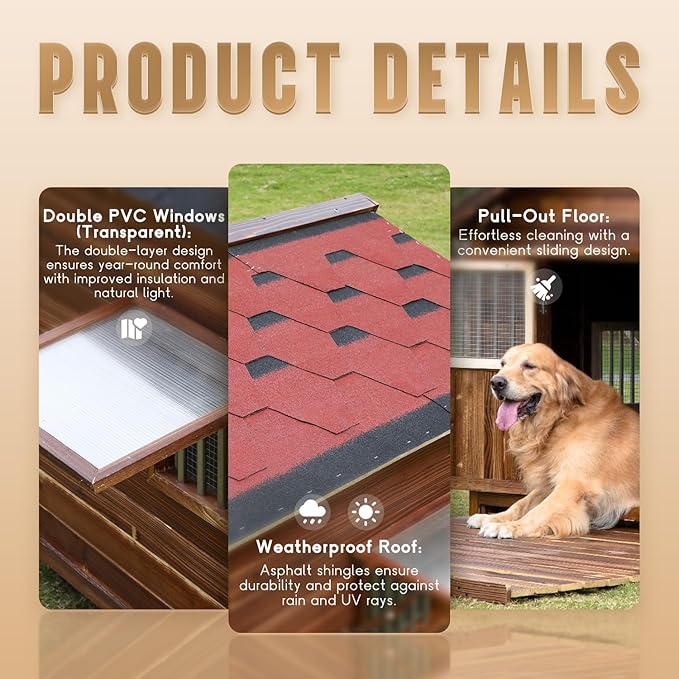 Extra Large Dog House Outdoor Made of Solid Pine Wood, Warm Doghouse, Dog House with Elevated Floor for Medium Dogs, (Wood, L)