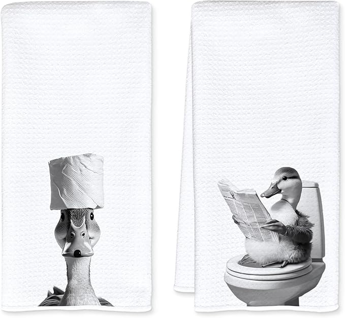 Funny Toilet Newspaper Duck Bathroom Hand Towels, Gifts for Duck Lovers Women Hand Towels for Bathroom Washroom Restroom Decor, 16x24 Inch Set of 2