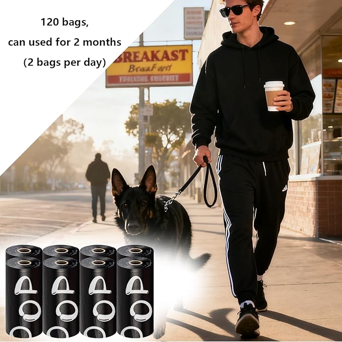 100% plant-based Dog Poop Bags Rolls, ASTM D6400 & EN 13432 Compliant, 120 waste bag including dispenser, 13 in × 9 in black poop bags for dogs, Super thick 100% leak proof