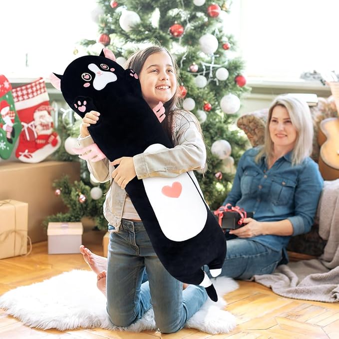 Giant Pink Cat Plush Pillow - Long Kitten Body Pillow, Cute Cat Stuffed Animal for Kids (90cm/35.4inch)