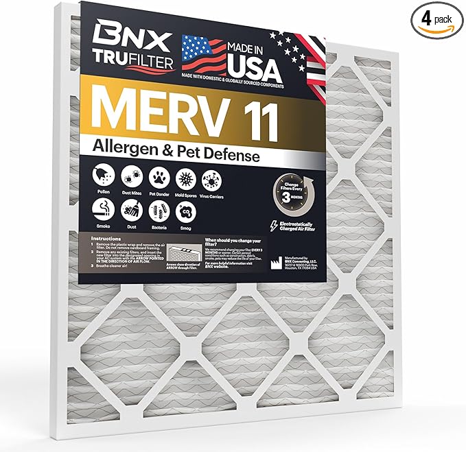 BNX TruFilter 10x10x1 Air Filter MERV 11 (4-Pack) - MADE IN USA - Allergen Defense Electrostatic Pleated Air Conditioner HVAC AC Furnace Filters for Allergies, Dust, Pet, Smoke, Allergy MPR 1200 FPR 7