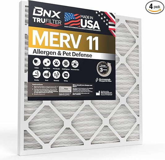 BNX TruFilter 10x10x1 Air Filter MERV 11 (4-Pack) - MADE IN USA - Allergen Defense Electrostatic Pleated Air Conditioner HVAC AC Furnace Filters for Allergies, Dust, Pet, Smoke, Allergy MPR 1200 FPR 7
