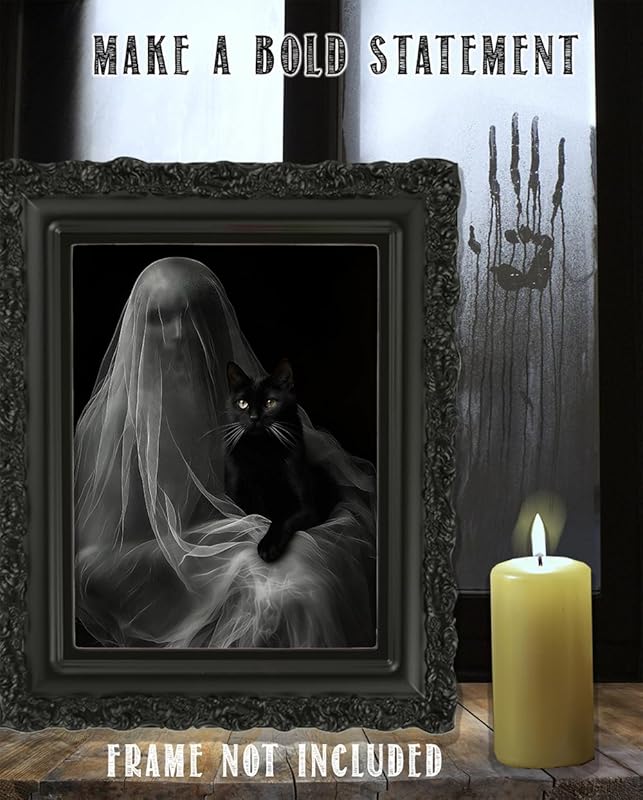 Ghost with a Black Cat Halloween Poster - Dark Academia Gothic Home Decor, Eerie Mystery Figure Art Print for Halloween Enthusiasts and Unique Wall Art Collectors (Unframed Print Poster, 11x14)